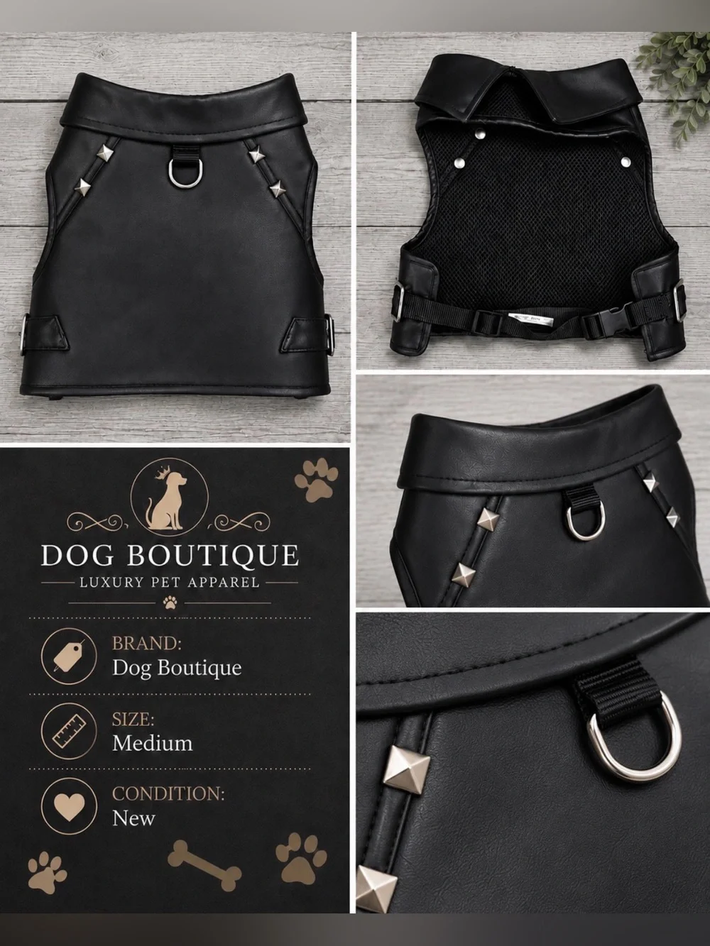 Black Faux Leather Studded Dog Harness Vest Size: Medium | NWT
